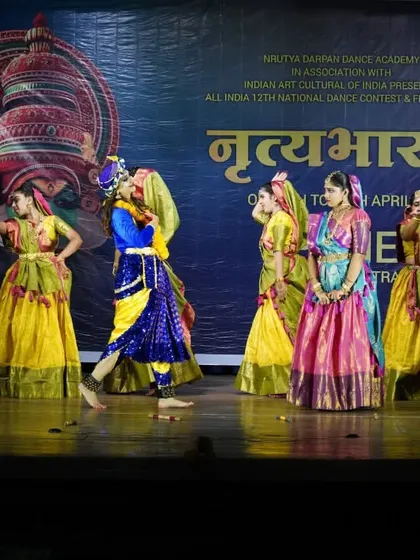 A scene from our production "Prema Vinod," a semi-classical ballet depicting the playful tales of Radha and Krishna. Here, the gopis interact with Krishna on stage.