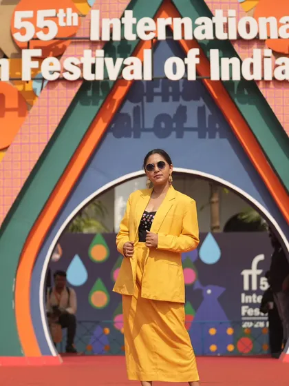 For the IFFI Goa red carpet, I designed this bold yellow blazer and skirt set for Mrunmayee Deshpande. This custom look was created to be vibrant, confident, and unconventional, ensuring she stood out at the international film festival.