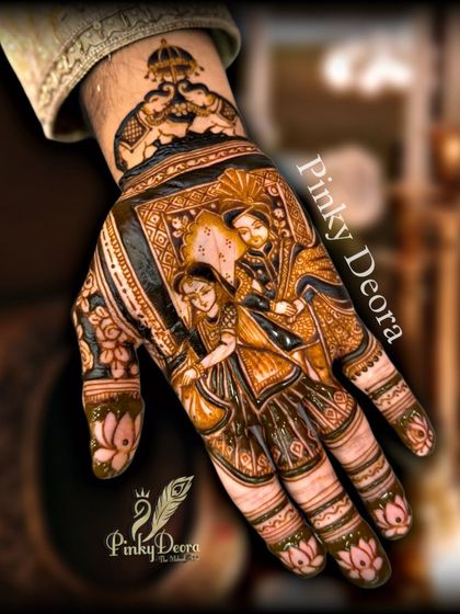 This groom's hand features a portrait of his parents, mirroring the bride's design and symbolizing the union of two families. The love and blessings are shared on both sides.