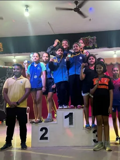 Our victorious U-14 girls' team celebrating their Gold medal win at the CBSE Cluster XIX Tournament.