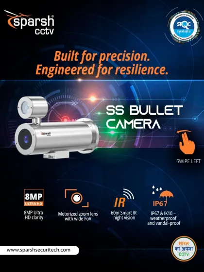 My SS Bullet Camera is built for precision and engineered for resilience. Featuring 8MP Ultra HD clarity, a motorized zoom lens, and 60m Smart IR night vision, this IP67 weatherproof and IK10 vandal-proof camera is STQC-certified for reliable performance.