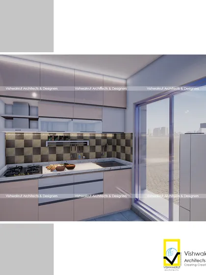 Another view of the proposed kitchen design, showing the chequered backsplash and the combination of open and closed storage.