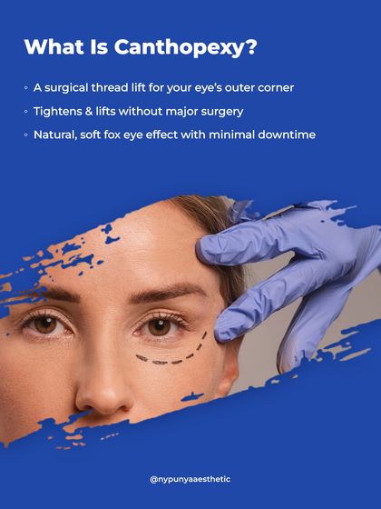For a more lasting, natural fox eye effect, we can perform a canthopexy. This is a surgical thread lift for the eye's outer corner that tightens and lifts without major surgery or downtime.