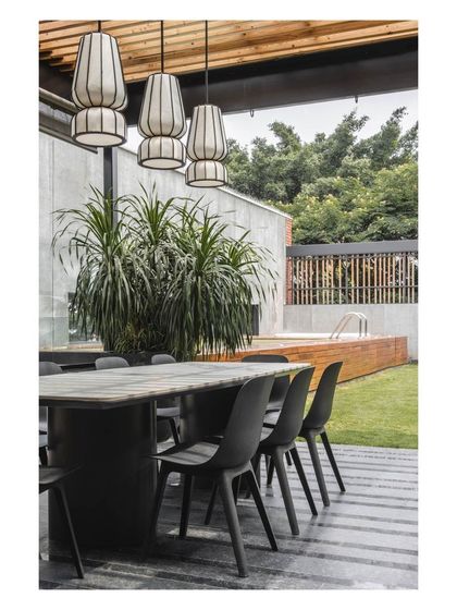 The outdoor dining area is situated next to the lawn and a plunge pool, making it the perfect hub for weekend entertaining.