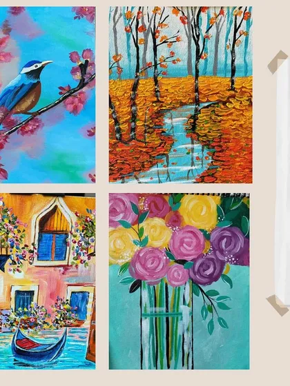 A showcase of the four beautiful paintings taught in our recent acrylic course: a bluebird, an autumn river, a Venice scene, and a floral bouquet.