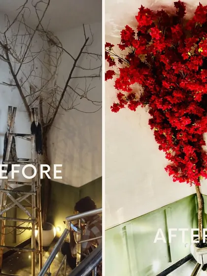 A dramatic before-and-after of a bare corner transformed by a stunning red flowering tree installation on a staircase.