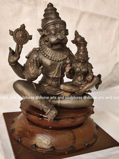 This is a wax model replica of a Lakshmi Narasimha statue, made to order. The gentle form of Lakshmi seated on the lap of the fierce Narasimha is a popular depiction we create.