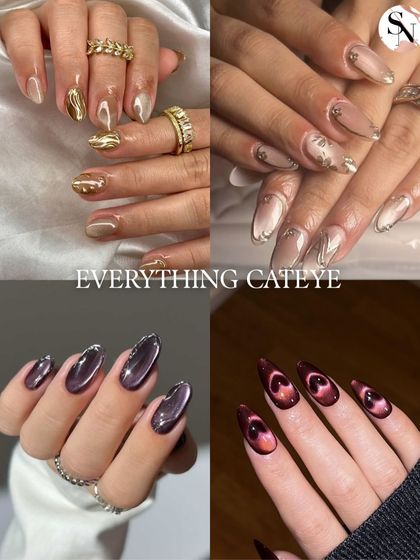 Everything cat-eye. This magnetic polish creates a stunning, light-reflecting band that moves across the nail. This collage shows the versatility of the effect, from subtle shimmers to bold, dramatic eyes.