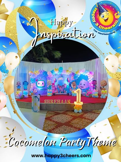 This graphic showcases a Cocomelon party theme I created for Shrehaan's first birthday. The stage setup included a full cast of characters, a vibrant balloon arch, and a number "1" balloon to mark the milestone.