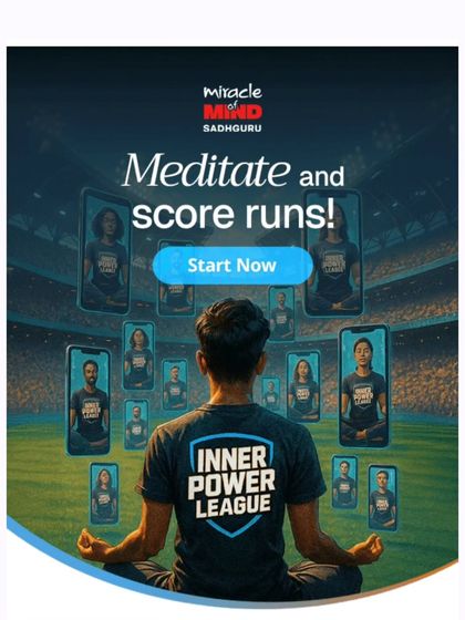 "Meditate and score runs!" This promotional image for the Inner Power League visually connects the act of meditation with the concept of a stadium and a team, encouraging users to start their practice and contribute to their team's score.