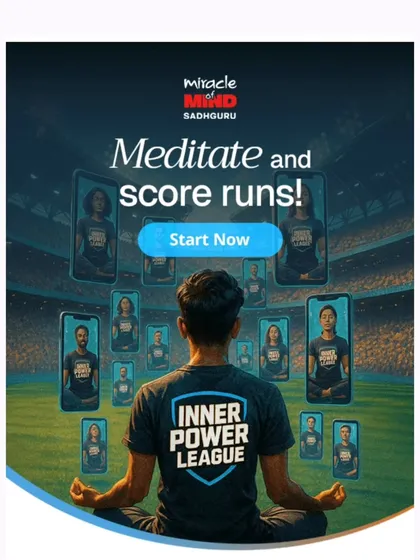 "Meditate and score runs!" This promotional image for the Inner Power League visually connects the act of meditation with the concept of a stadium and a team, encouraging users to start their practice and contribute to their team's score.