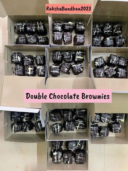Boxes upon boxes of my popular Double Chocolate Brownies, all packed up for Raksha Bandhan gifting. It's one of my most requested items.