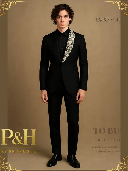 A modern party suit in black, featuring a dramatic, hand-beaded lapel that cascades down one side. This is an avant-garde piece for the fashion-forward man.