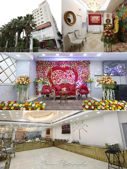 A collage showcasing the wedding venue, from the entrance and lobby to the main stage and dining area.