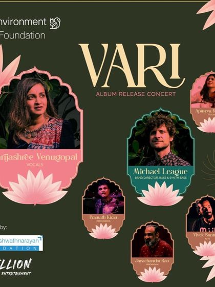 The official poster for the 'Vari' album release concert in Bengaluru. I love how the design incorporates floral motifs and photos of my amazing band members.
