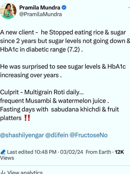 A client stopped eating rice and sugar but his blood sugar levels were still high. The culprit was multigrain roti and fruit juices. Understanding the carb load in all foods, not just sugar, is crucial for managing health.