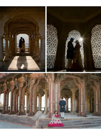 Silhouette shots are one of our specialties. Here, we used the setting sun filtering through a jali window at Amer Fort to create this dramatic and romantic portrait for Ana and Ishan.