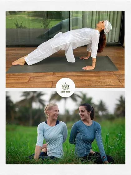 Our retreats combine active yoga postures with moments of quiet connection in nature. This image shows the balance between strengthening the body and softening into the serene landscape.