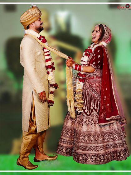 A playful moment between the bride and groom during their wedding shoot, showing their fun-loving relationship.