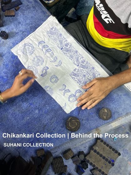 This image shows the first step in creating our Suhani Chikankari collection: block-printing the designs onto the fabric. This printed guide is then passed to our women artisans for intricate hand embroidery.