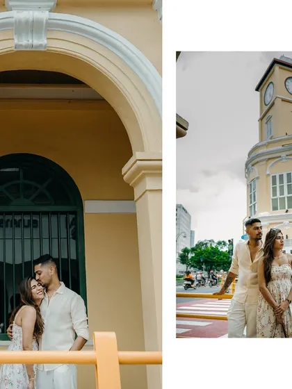Exploring the charming architecture of Old Town Phuket. This couple's post-wedding shoot captures them against the colorful, historic buildings, blending their love story with the character of the destination.