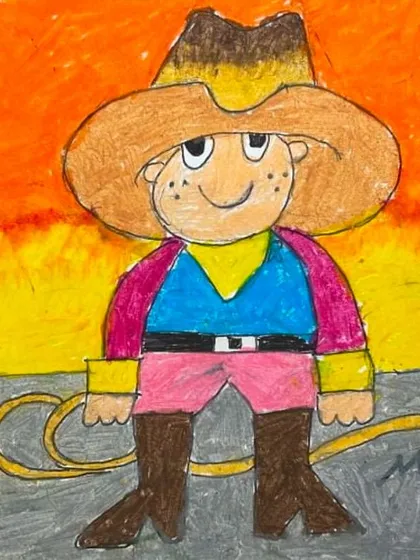 This cool cowboy character is a great example of drawing human figures with personality. We teach students to add details like hats, boots, and lassos to tell a story.