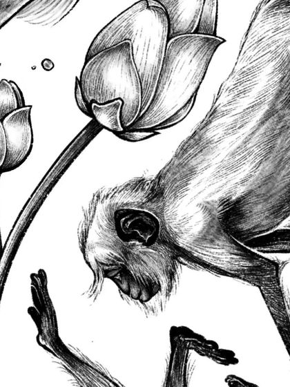 Another detail, this time focusing on the langur and the lotus flower. Every element is carefully placed to contribute to the overall composition.