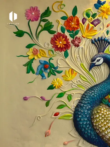This is a detailed 3D peacock mural I collaborated on. The bas-relief artwork and rich colors create a truly regal and sophisticated piece.