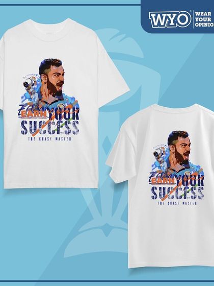 "Earn Your Success." A custom Virat Kohli t-shirt for a fan, celebrating the chase master. Show support for your sporting heroes with a personalized tee.