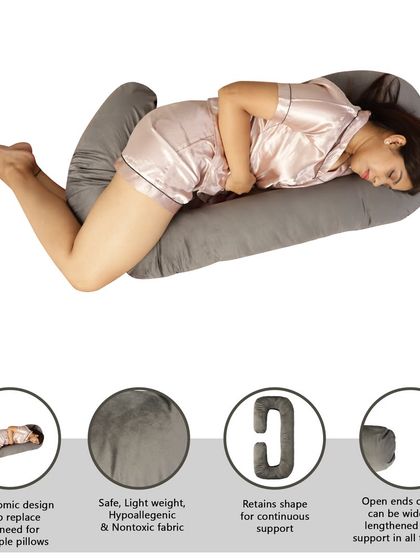 An infographic image that clearly explains the features of the pregnancy pillow, such as its ergonomic design and hypoallergenic fabric.