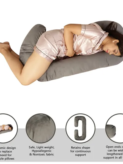 An infographic for a pregnancy pillow with a model, highlighting its ergonomic design, hypoallergenic fabric, and other key benefits with clear callouts.