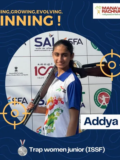 Our shooter Addya proudly displays her silver medal won in the Trap women junior (ISSF) category at the 39th Delhi State Shooting Championship 2024.