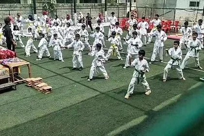 A wide shot of a large group class practicing their basic stances together outdoors.