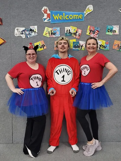 Our coaches love to get in on the fun. For Dr. Seuss week, Thing 1 and Thing 2 (and friends) were in the gym to lead the tumbling and games.