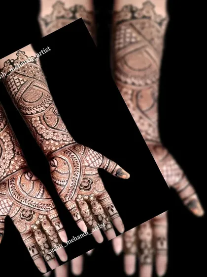 A collage showing the intricate details of a full bridal mehandi. The patterns are a mix of geometric and organic shapes.