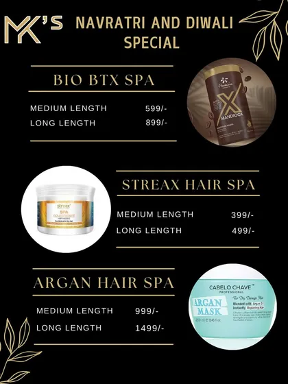 Indulge in a relaxing and nourishing hair spa. I offer several options including BIO BTX Spa for repair, Streax Hair Spa for shine, and Argan Hair Spa for deep moisturization, with prices tailored for medium and long hair.