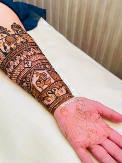 The beginning stages of a story-based bridal mehndi, with the outline of a couple on the palm and detailed patterns on the arm.