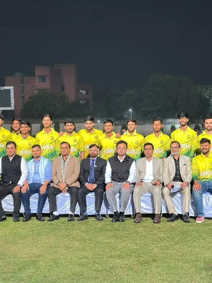 The official Jamia cricket team squad photo with university officials and guests from the DDCA. I coordinate these official gatherings to boost team morale and secure support for upcoming tournaments.