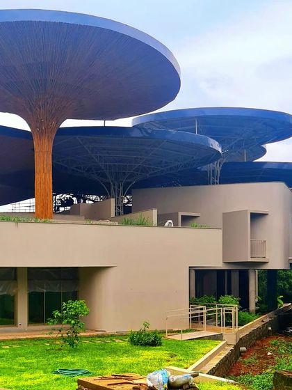 The parasols at the TAPMI Centre during construction, showing the contrast between the raw steel structure and the warm, natural bamboo skin.