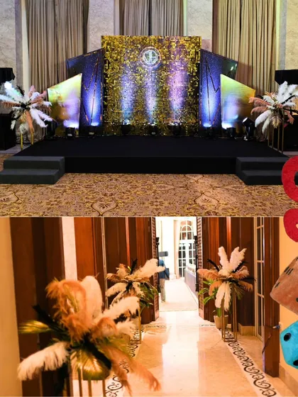 More angles of the Gatsby party decor, showing the feathered centerpieces and the walkway leading into the main hall. I ensure the theme is consistent throughout the entire guest journey.
