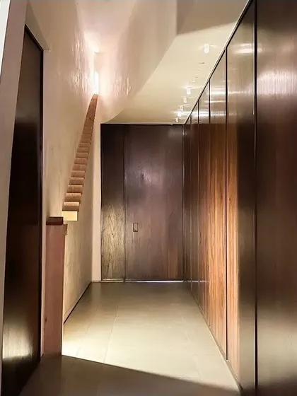 This hallway creates a powerful experience through the use of rich, dark wood paneling and a unique, sculptural light fixture that appears to climb the wall. It's a space that tells a story through its design.