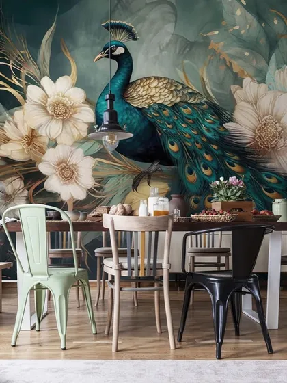 A modern take on a classic theme, this wallpaper features a majestic peacock amidst large flowers. The artistic style makes it a stunning feature for a dining area.