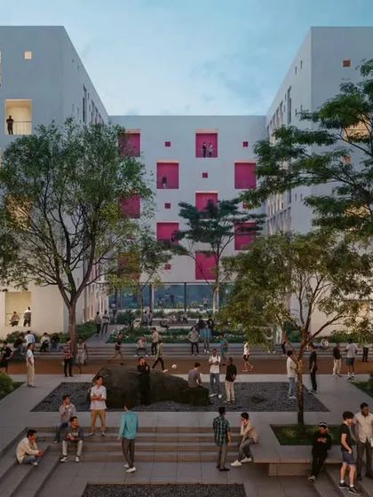 A render of the student hostels at Warangal University, designed as a vibrant community space. We envisioned the central courtyard as the heart of the hostel, a place for interaction, study, and relaxation, blending landscaping with social seating to create a dynamic environment for 4,300 students.