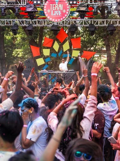 The crowd dancing under the sun at the Jayamahal Palace Holi event.