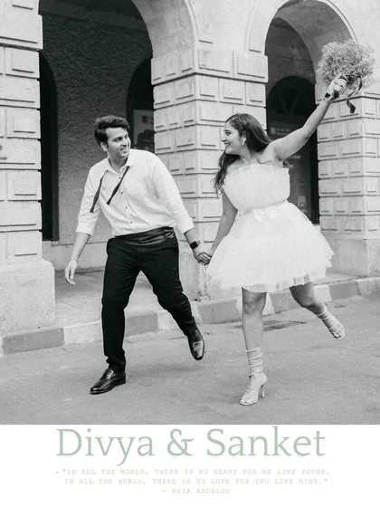 A joyful, skipping pose that captures the excitement of being engaged. This black and white shot is full of movement and happiness, framed with a custom graphic for their love story.