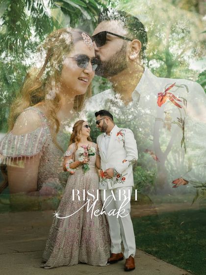 An artistic double-exposure portrait of the couple from their Mehendi. It overlays a romantic close-up with a full-length shot, creating a dreamy and memorable visual.