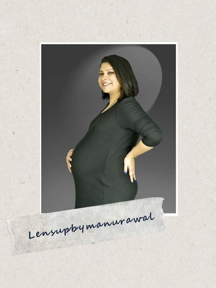 A classic solo portrait presented with a creative, scrapbook-style frame. This adds a personal and artistic touch to a beautiful and simple studio shot.