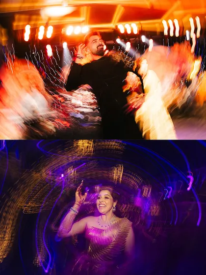 Abstract, artistic shots capturing the motion and energy of the dance floor. The light trails and blurs create a feeling of dynamic celebration.