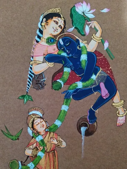 A closer look at my painting, "The Margazhi Brew." This artwork is a visual meditation on Andal's Thiruppavai, where her conviction and surrender churn out the divine essence, much like butter from milk.