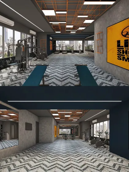 A preview of the gym we designed for the Jade Crest residential building. The space features a dynamic chevron-patterned floor, an industrial-style open grid ceiling, and large windows to create an energetic and motivating workout environment.